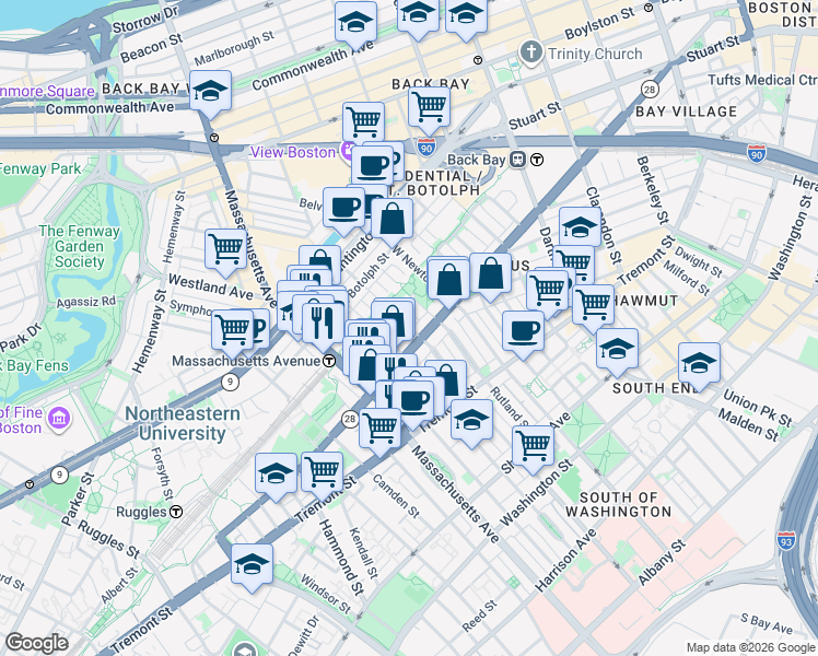 map of restaurants, bars, coffee shops, grocery stores, and more near Greenwich Park in Boston
