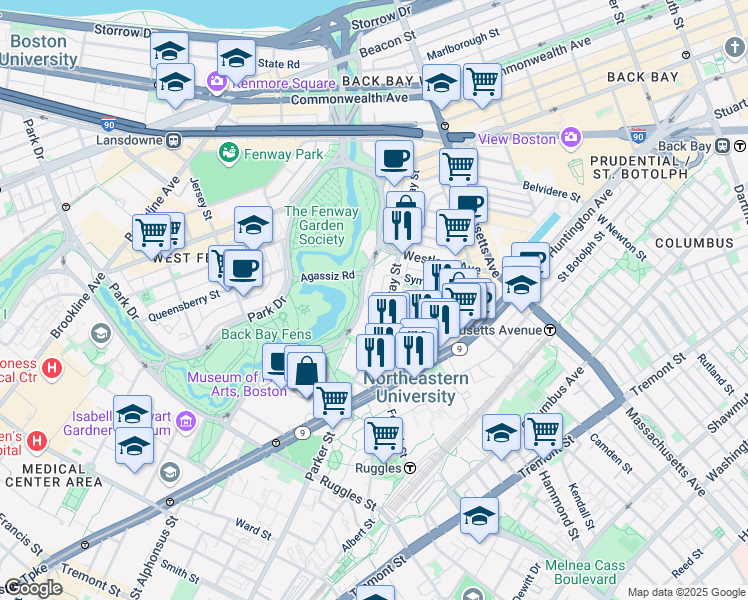 map of restaurants, bars, coffee shops, grocery stores, and more near 143 Hemenway Street in Boston