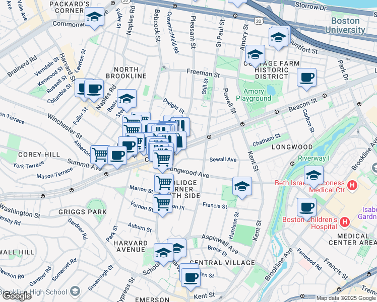 map of restaurants, bars, coffee shops, grocery stores, and more near in Brookline