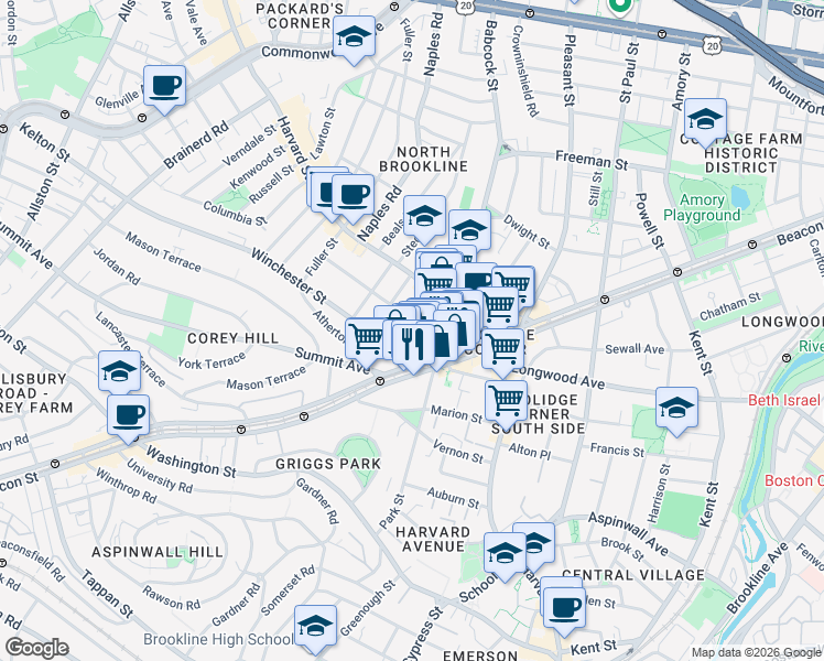 map of restaurants, bars, coffee shops, grocery stores, and more near in Brookline