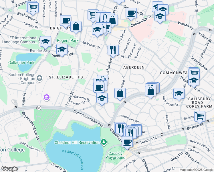 map of restaurants, bars, coffee shops, grocery stores, and more near 138 Chestnut Hill Avenue in Boston