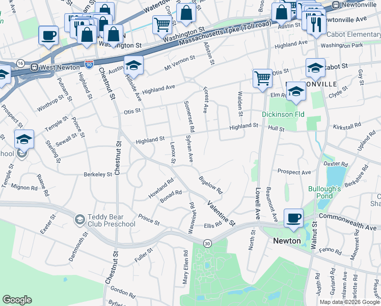 map of restaurants, bars, coffee shops, grocery stores, and more near 44 Sylvan Avenue in Newton