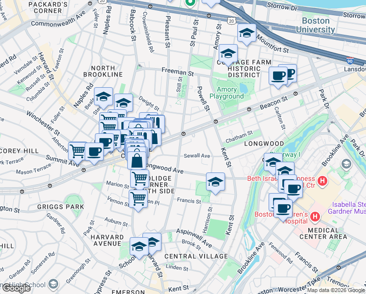 map of restaurants, bars, coffee shops, grocery stores, and more near 159 Saint Paul Street in Brookline