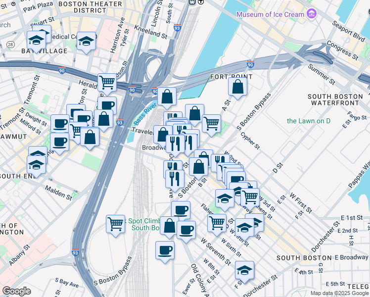 map of restaurants, bars, coffee shops, grocery stores, and more near 45 West Broadway in Boston