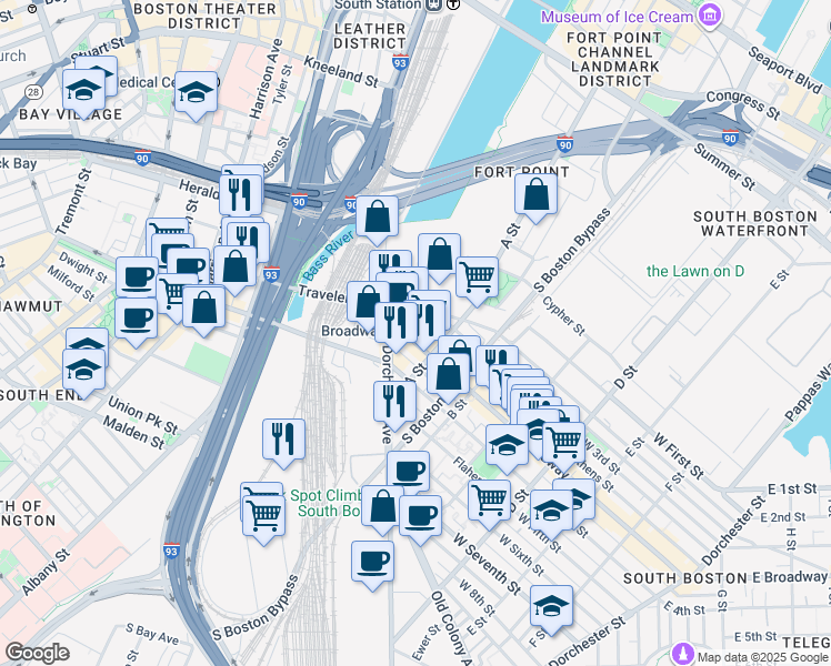 map of restaurants, bars, coffee shops, grocery stores, and more near 45 West Broadway in Boston