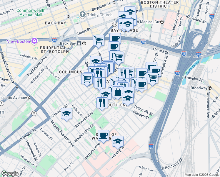 map of restaurants, bars, coffee shops, grocery stores, and more near 7 Upton Street in Boston