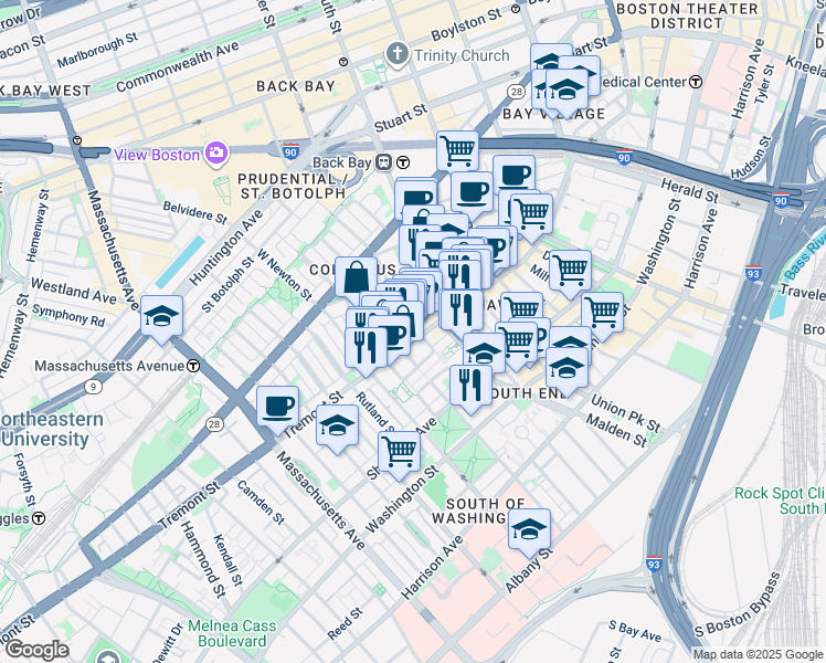 map of restaurants, bars, coffee shops, grocery stores, and more near 638 Tremont Street in Boston