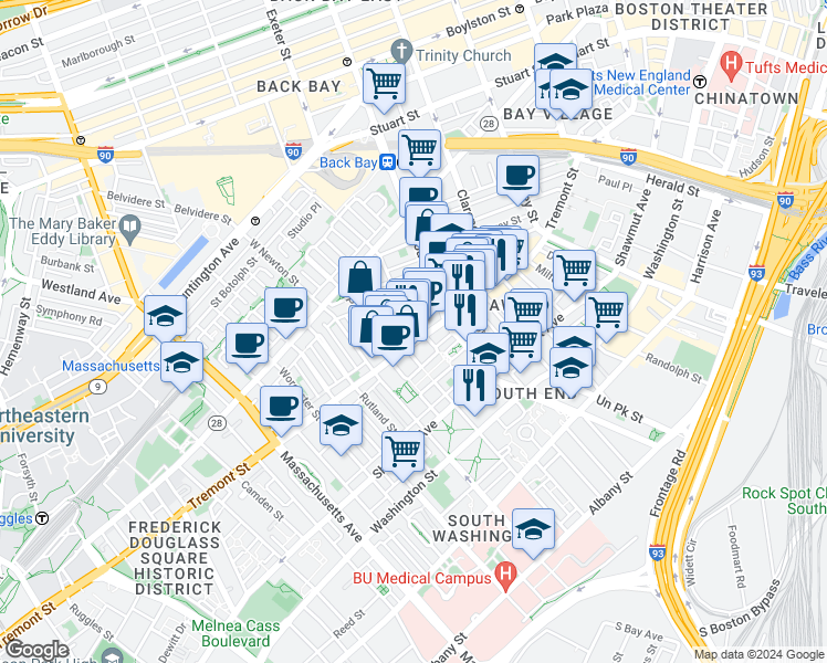map of restaurants, bars, coffee shops, grocery stores, and more near 638 Tremont Street in Boston