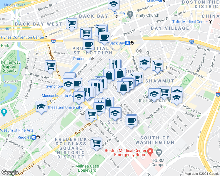 map of restaurants, bars, coffee shops, grocery stores, and more near 43 Public Alley 502 in Boston