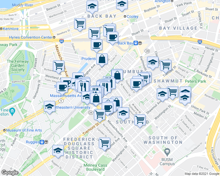 map of restaurants, bars, coffee shops, grocery stores, and more near 525 A Columbus Avenue in Boston