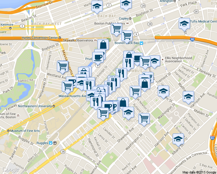 map of restaurants, bars, coffee shops, grocery stores, and more near 525 A Columbus Avenue in Boston