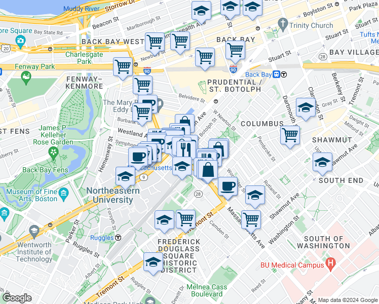 map of restaurants, bars, coffee shops, grocery stores, and more near 352 Massachusetts Avenue in Boston