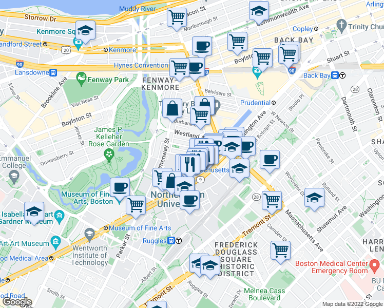 map of restaurants, bars, coffee shops, grocery stores, and more near 77 Saint Stephen Street in Boston