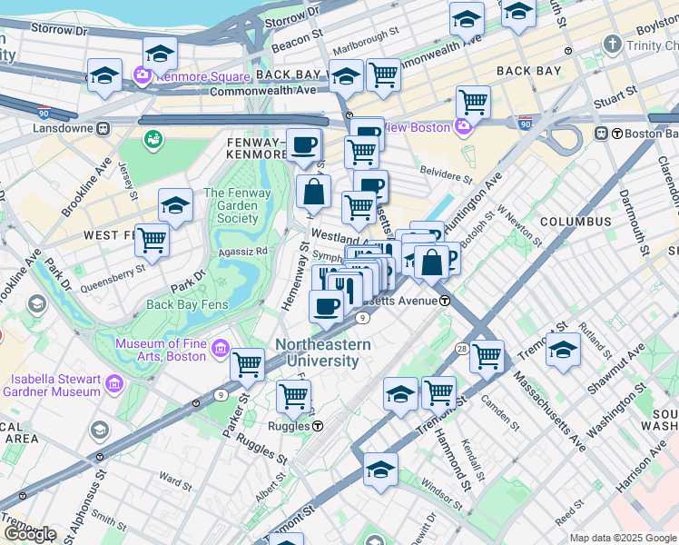 map of restaurants, bars, coffee shops, grocery stores, and more near 77 Saint Stephen Street in Boston