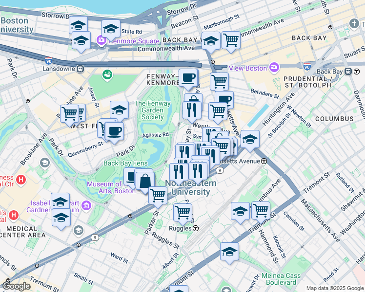 map of restaurants, bars, coffee shops, grocery stores, and more near 143 Hemenway Street in Boston