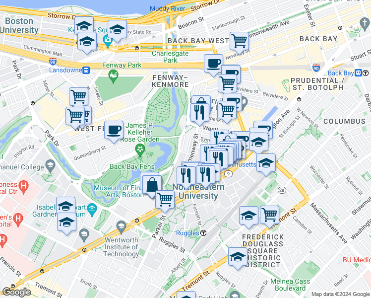 map of restaurants, bars, coffee shops, grocery stores, and more near 143 Hemenway Street in Boston
