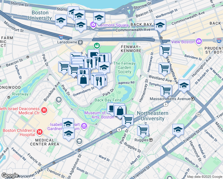 map of restaurants, bars, coffee shops, grocery stores, and more near Emerald Necklace in Boston