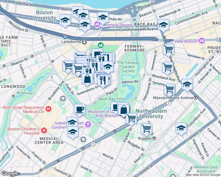 map of restaurants, bars, coffee shops, grocery stores, and more near Emerald Necklace in Boston