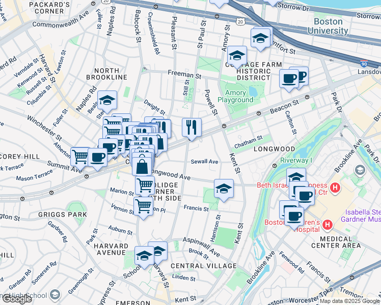 map of restaurants, bars, coffee shops, grocery stores, and more near 102 Sewall Avenue in Brookline