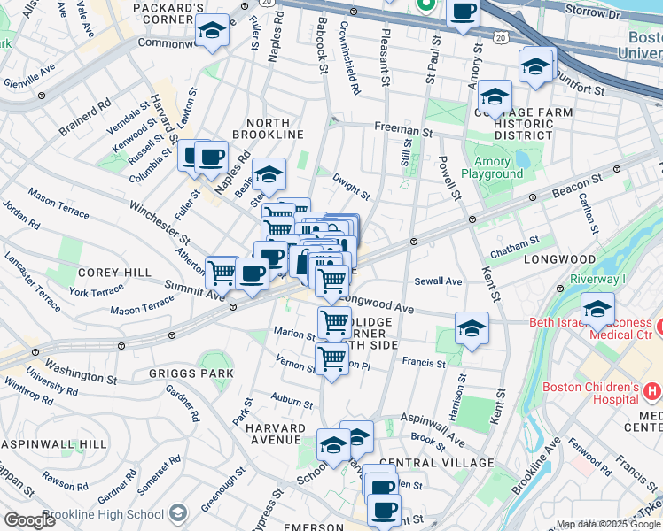 map of restaurants, bars, coffee shops, grocery stores, and more near in Brookline