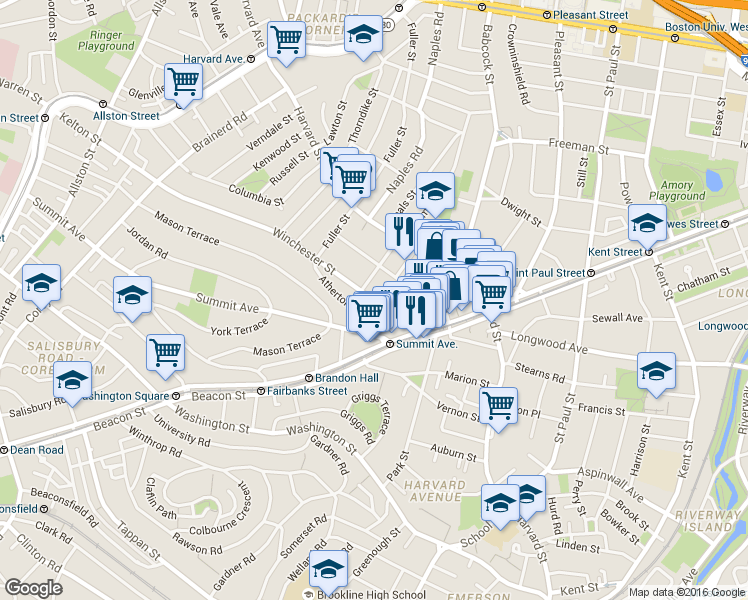 map of restaurants, bars, coffee shops, grocery stores, and more near 28 Atherton Road in Brookline