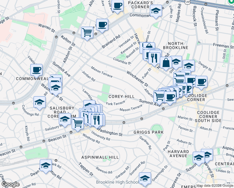 map of restaurants, bars, coffee shops, grocery stores, and more near 122 Summit Avenue in Brookline