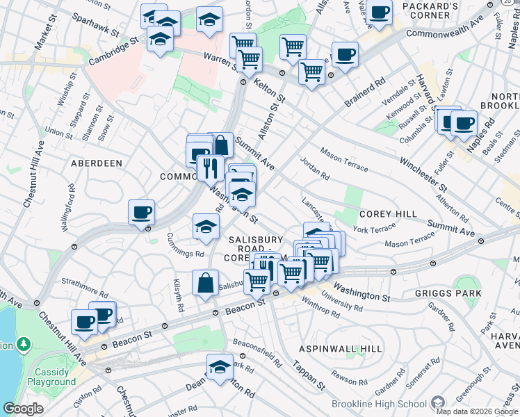 map of restaurants, bars, coffee shops, grocery stores, and more near 28 Bartlett Crescent in Brookline
