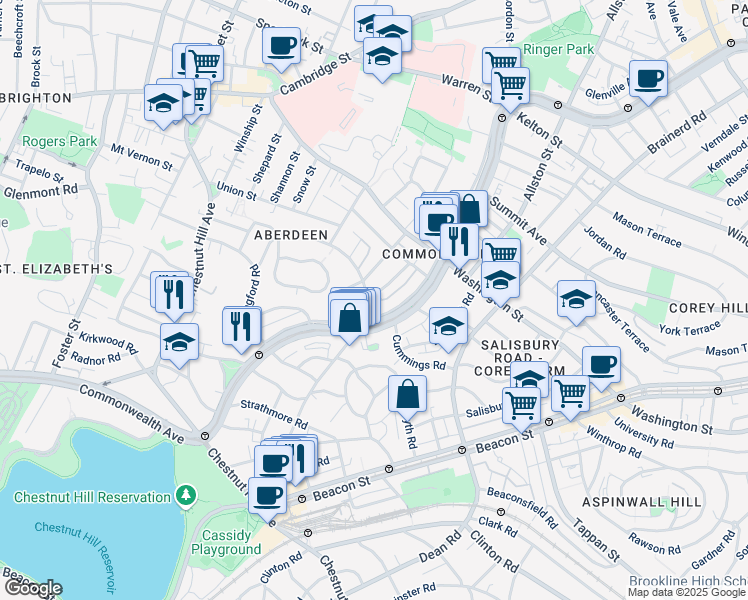 map of restaurants, bars, coffee shops, grocery stores, and more near 1691 Commonwealth Avenue in Boston