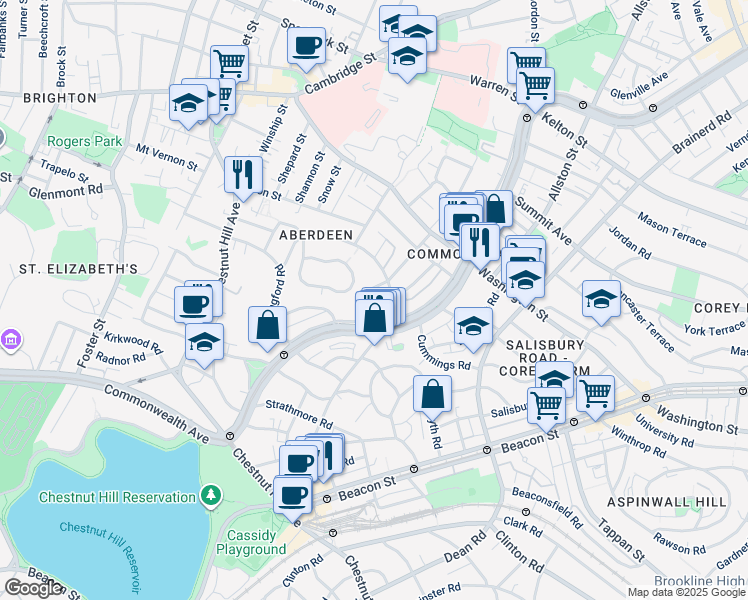 map of restaurants, bars, coffee shops, grocery stores, and more near 1691 Commonwealth Avenue in Boston