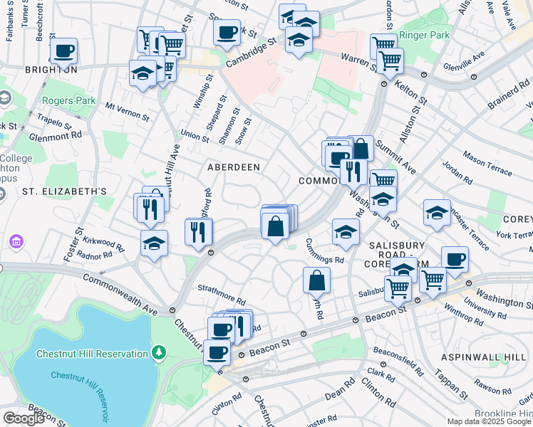 map of restaurants, bars, coffee shops, grocery stores, and more near 1713-1715 Commonwealth Avenue in Boston