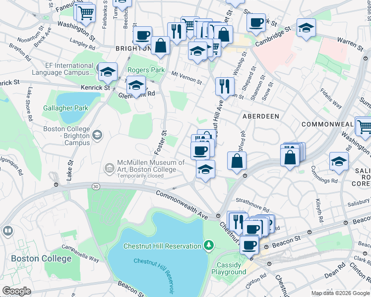 map of restaurants, bars, coffee shops, grocery stores, and more near 25 Embassy Road in Boston