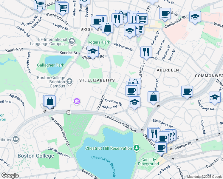 map of restaurants, bars, coffee shops, grocery stores, and more near 201 Chiswick Road in Boston