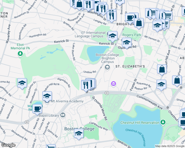 map of restaurants, bars, coffee shops, grocery stores, and more near 40 Lake Street in Boston