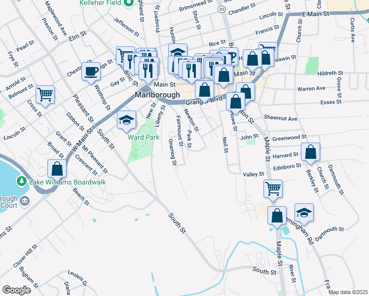map of restaurants, bars, coffee shops, grocery stores, and more near 123 Fairmount Street in Marlborough