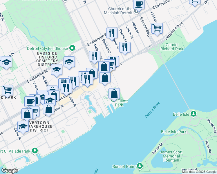 map of restaurants, bars, coffee shops, grocery stores, and more near 227 Iron Street in Detroit