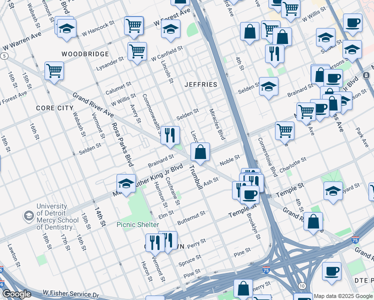 map of restaurants, bars, coffee shops, grocery stores, and more near 3530 Trumbull in Detroit