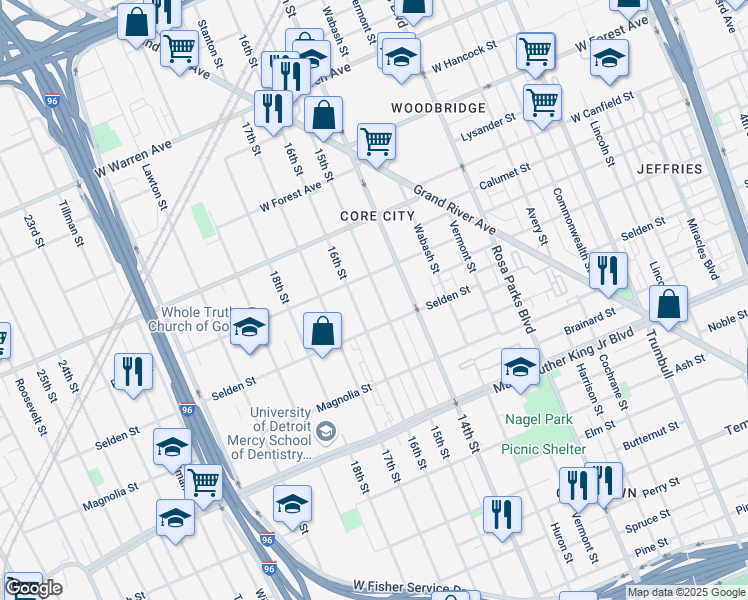 map of restaurants, bars, coffee shops, grocery stores, and more near 3942 16th Street in Detroit