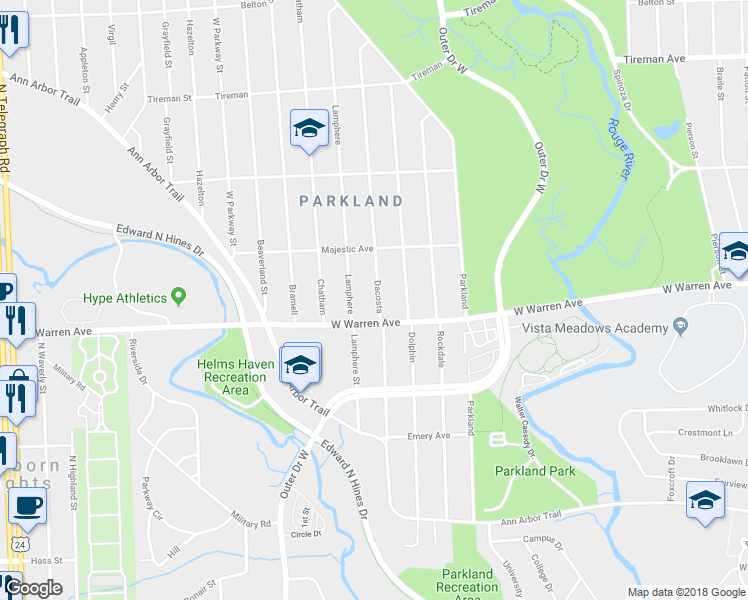 map of restaurants, bars, coffee shops, grocery stores, and more near 22302 West Warren Avenue in Detroit