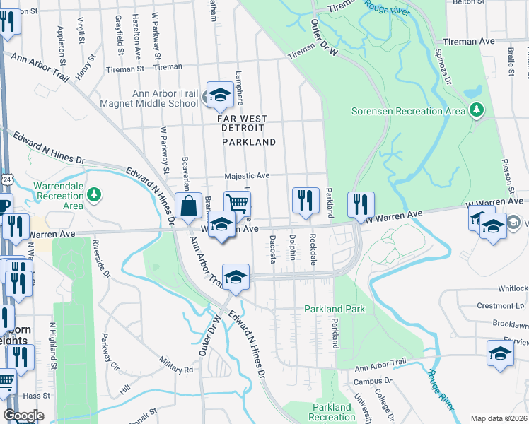 map of restaurants, bars, coffee shops, grocery stores, and more near 22302 West Warren Avenue in Detroit