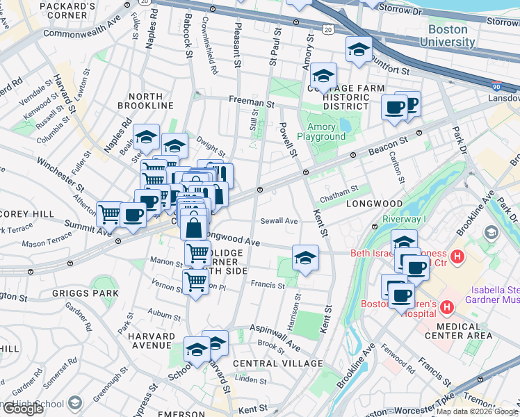 map of restaurants, bars, coffee shops, grocery stores, and more near 159 Saint Paul Street in Brookline