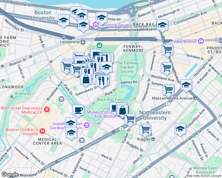 map of restaurants, bars, coffee shops, grocery stores, and more near 73 Park Drive in Boston