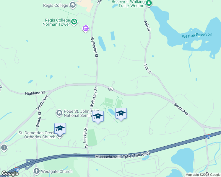 map of restaurants, bars, coffee shops, grocery stores, and more near 7 Highmeadow Road in Weston