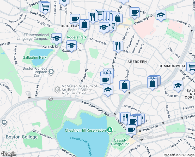 map of restaurants, bars, coffee shops, grocery stores, and more near 25 Embassy Road in Boston