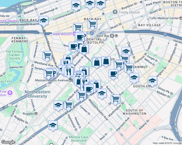 map of restaurants, bars, coffee shops, grocery stores, and more near 525 A Columbus Avenue in Boston