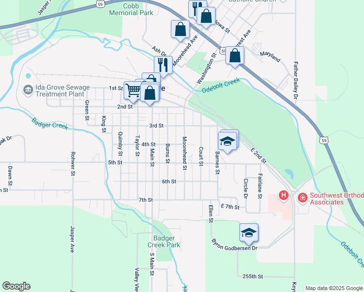 map of restaurants, bars, coffee shops, grocery stores, and more near 408 Moorehead Street in Ida Grove