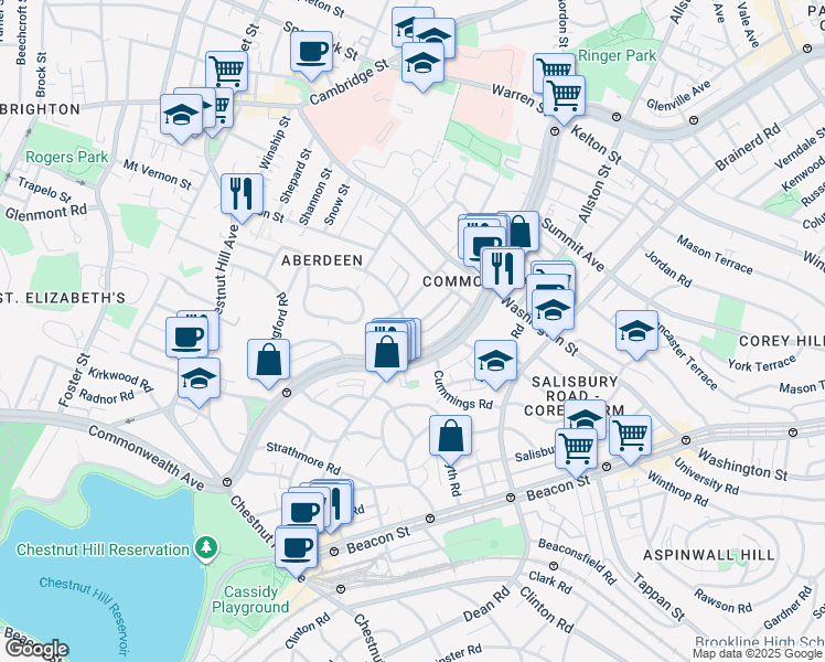 map of restaurants, bars, coffee shops, grocery stores, and more near 1691 Commonwealth Avenue in Boston