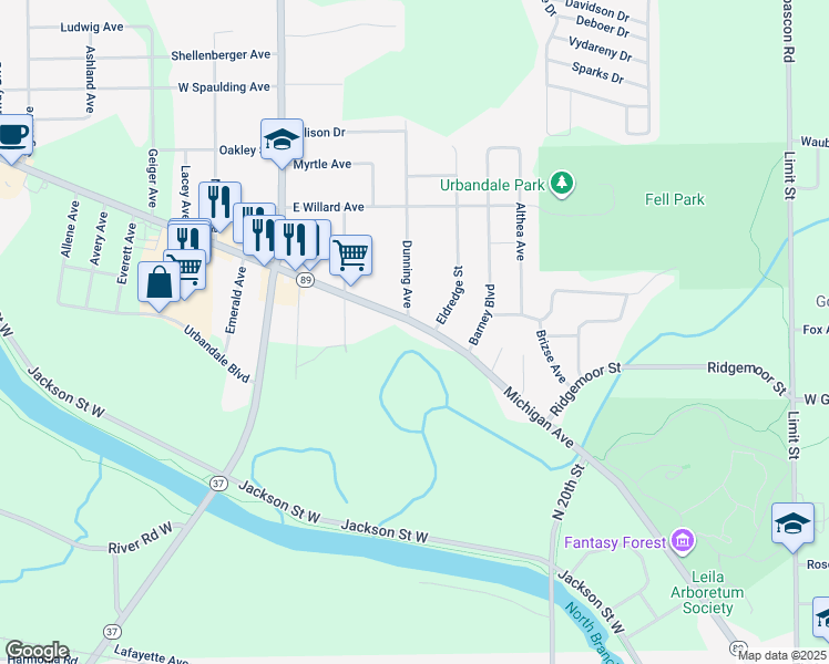 map of restaurants, bars, coffee shops, grocery stores, and more near 1317 Michigan Avenue in Battle Creek