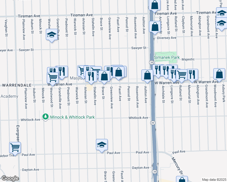 map of restaurants, bars, coffee shops, grocery stores, and more near 6898 Greenview Avenue in Detroit