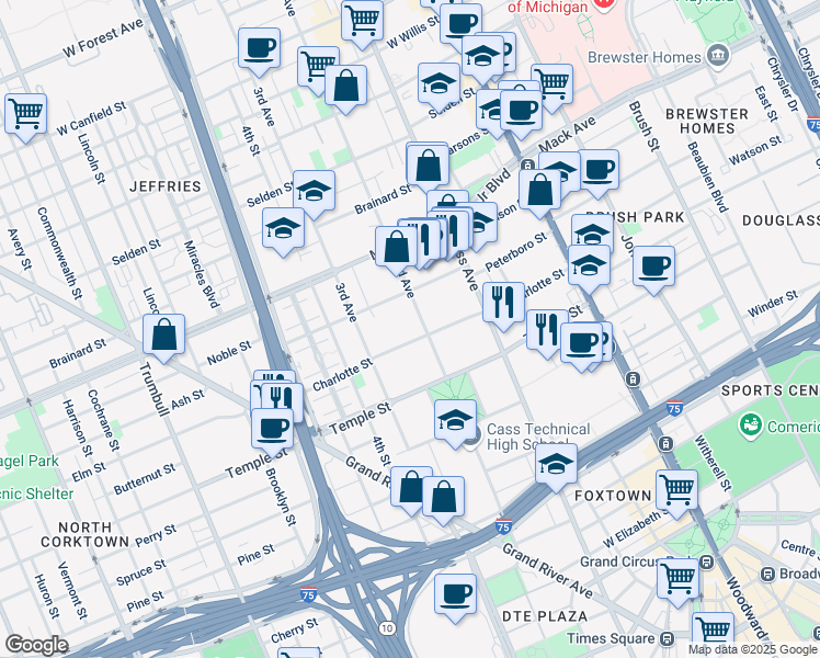 map of restaurants, bars, coffee shops, grocery stores, and more near 624 Charlotte Street in Detroit