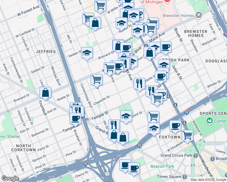 map of restaurants, bars, coffee shops, grocery stores, and more near 624 Charlotte Street in Detroit
